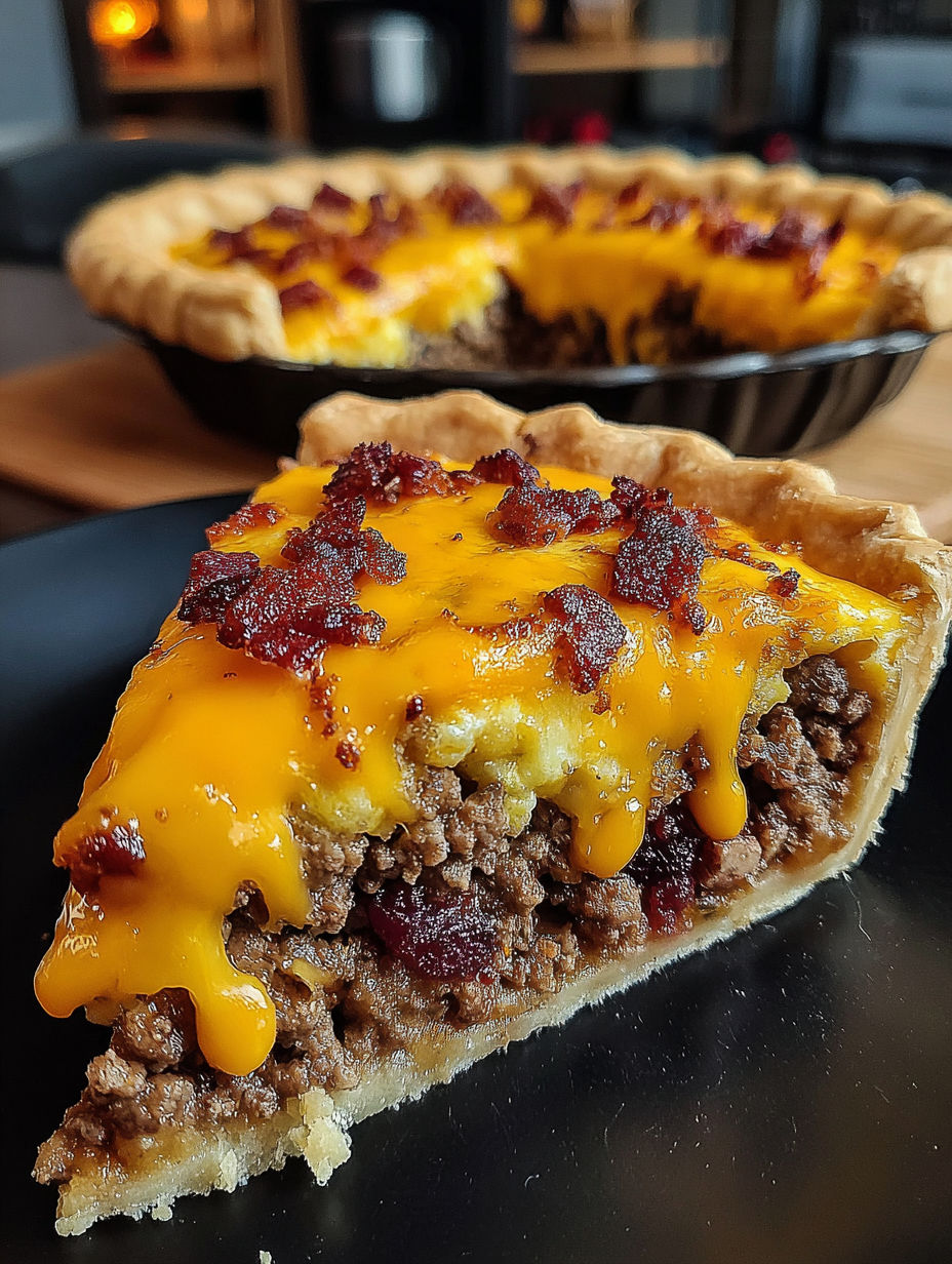 A slice of a bacon cheeseburger pie.