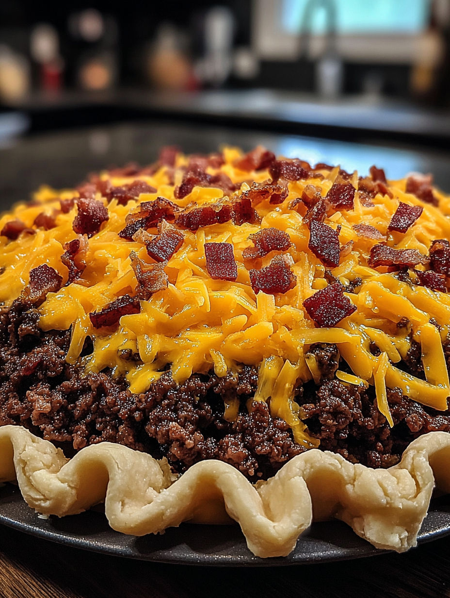 A cheeseburger pie with bacon on top.