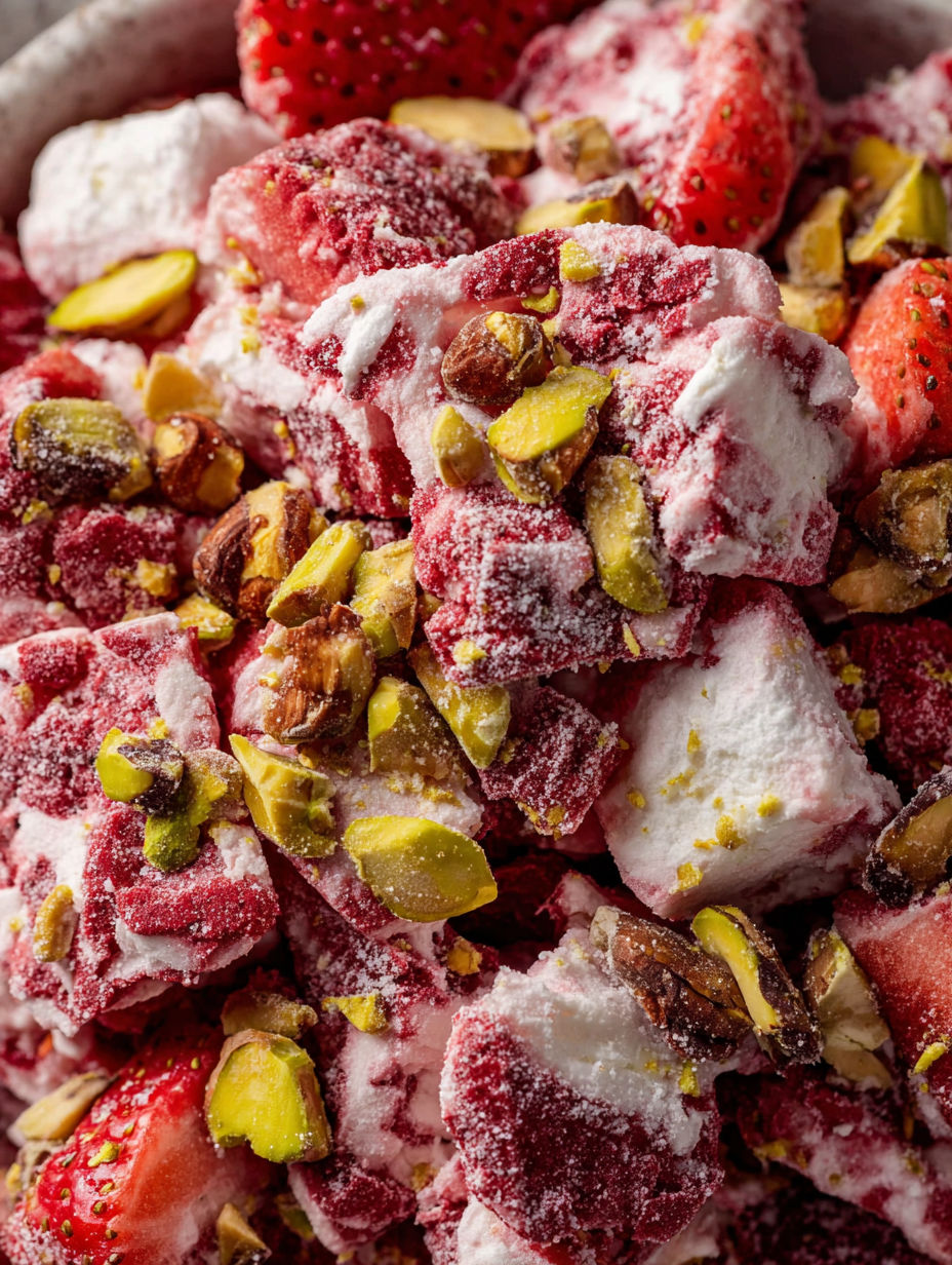 A close up of a strawberry dessert with white and red toppings.