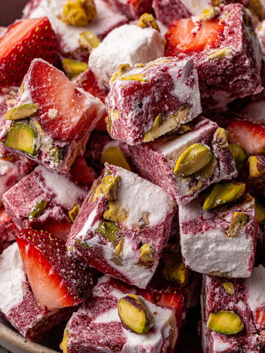 A close up of a strawberry and a piece of candy.