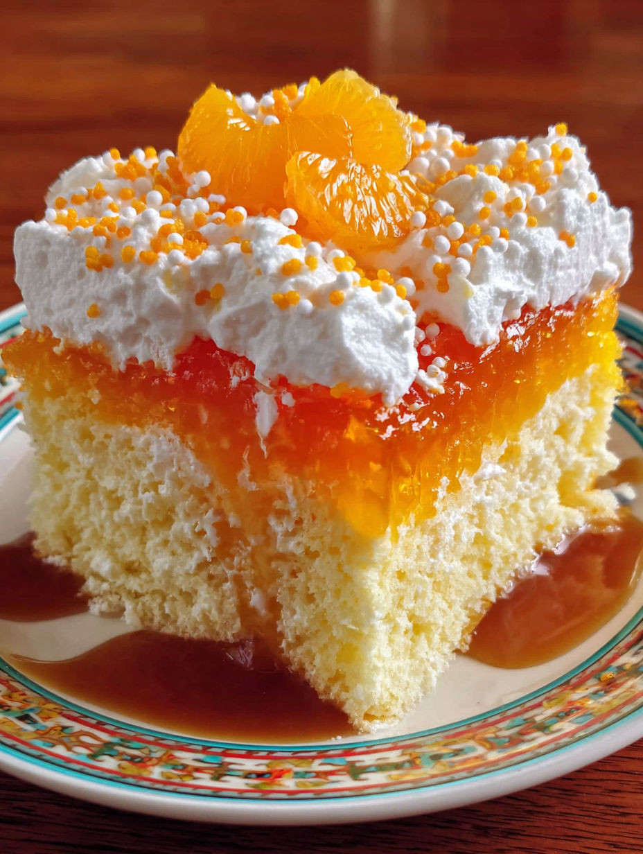 A slice of orange crush poke cake.