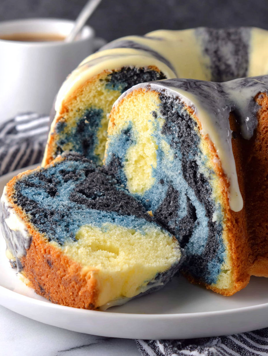 A slice of blue velvet vanilla pound cake.