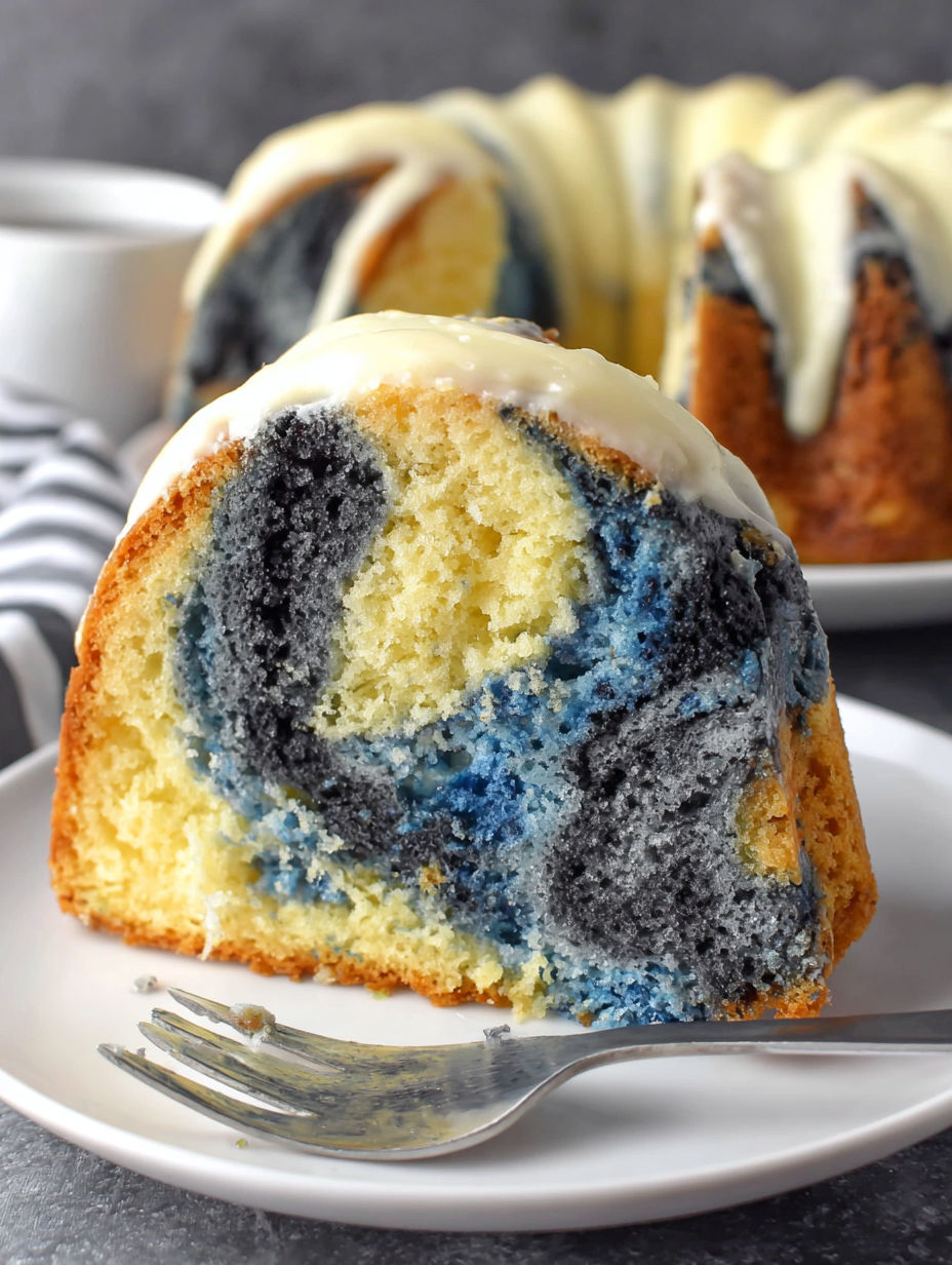 A slice of blue velvet vanilla pound cake.
