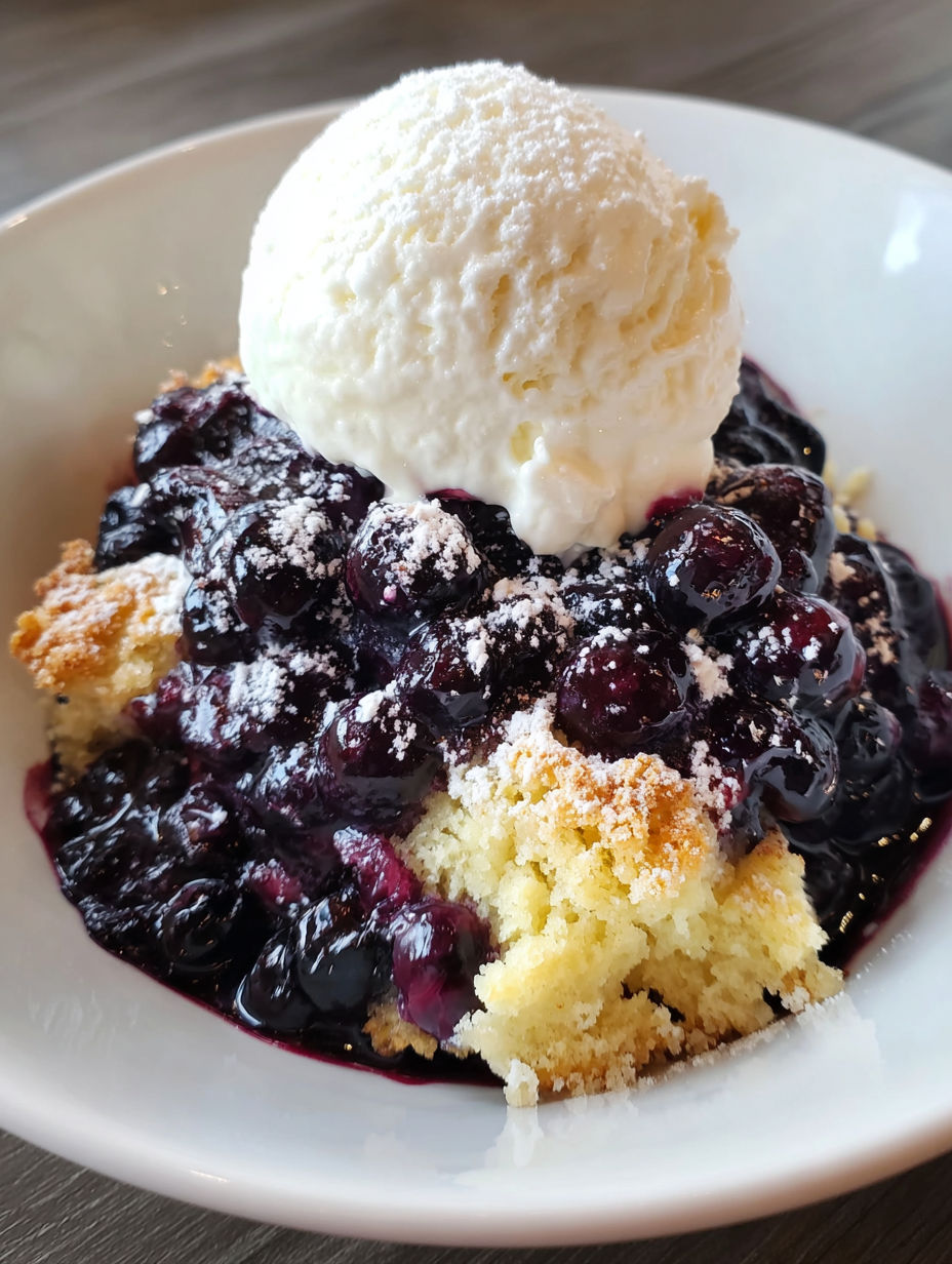 A bowl of blueberry cobbler with a scoop of ice cream on top.