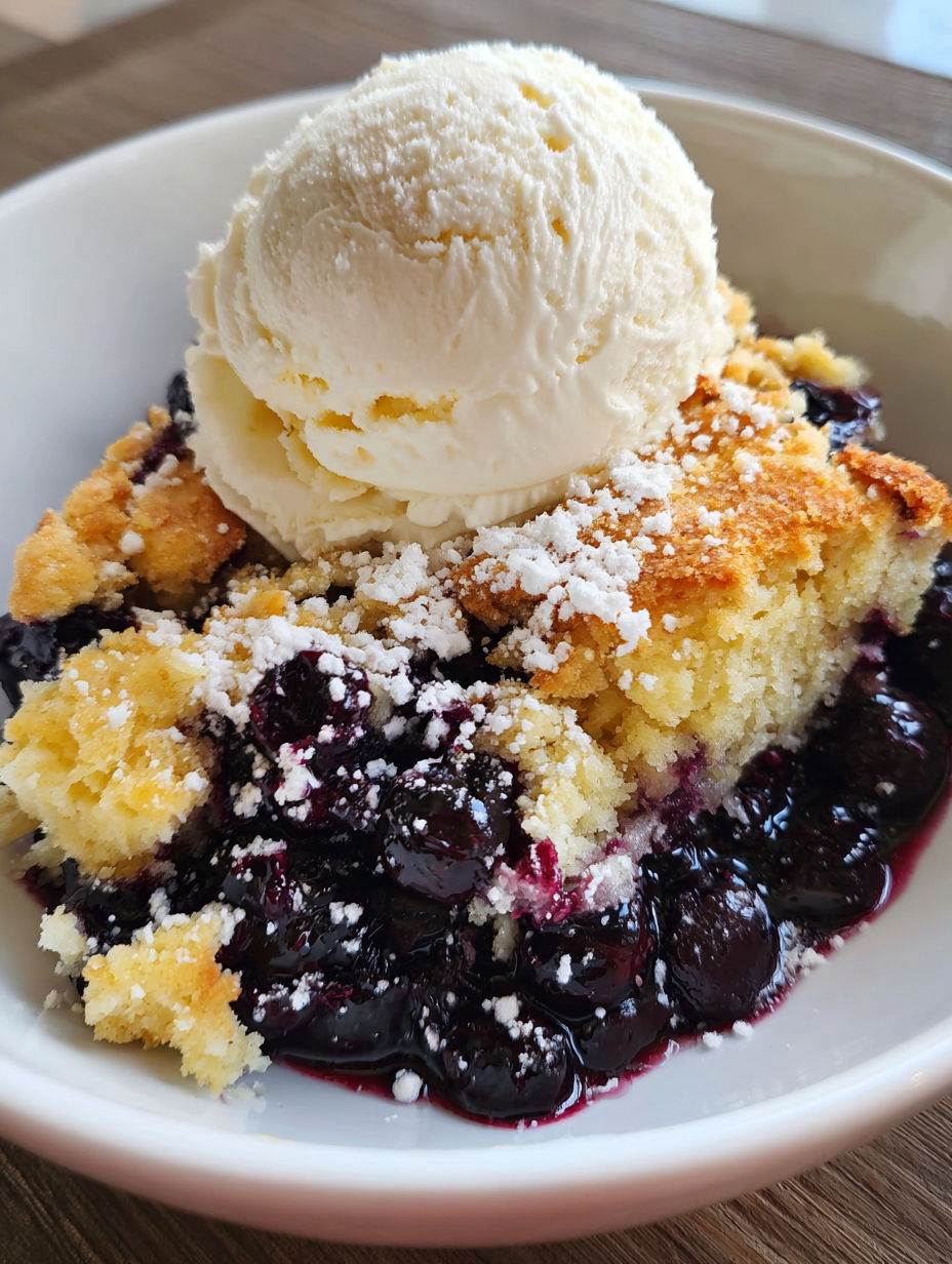 A bowl of blueberry cobbler with a scoop of ice cream on top.