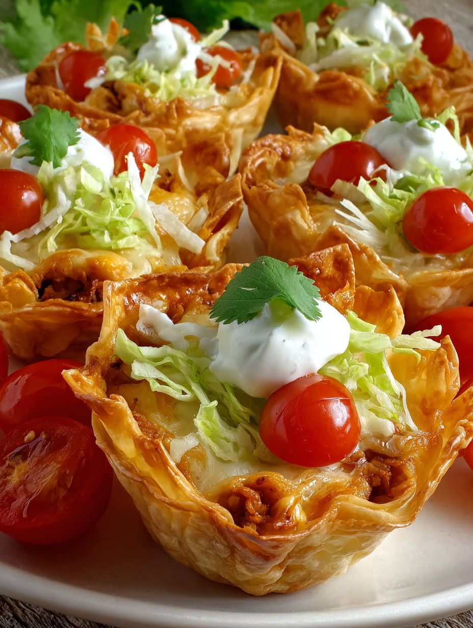 A plate of taco dip bites with tomatoes and lettuce.