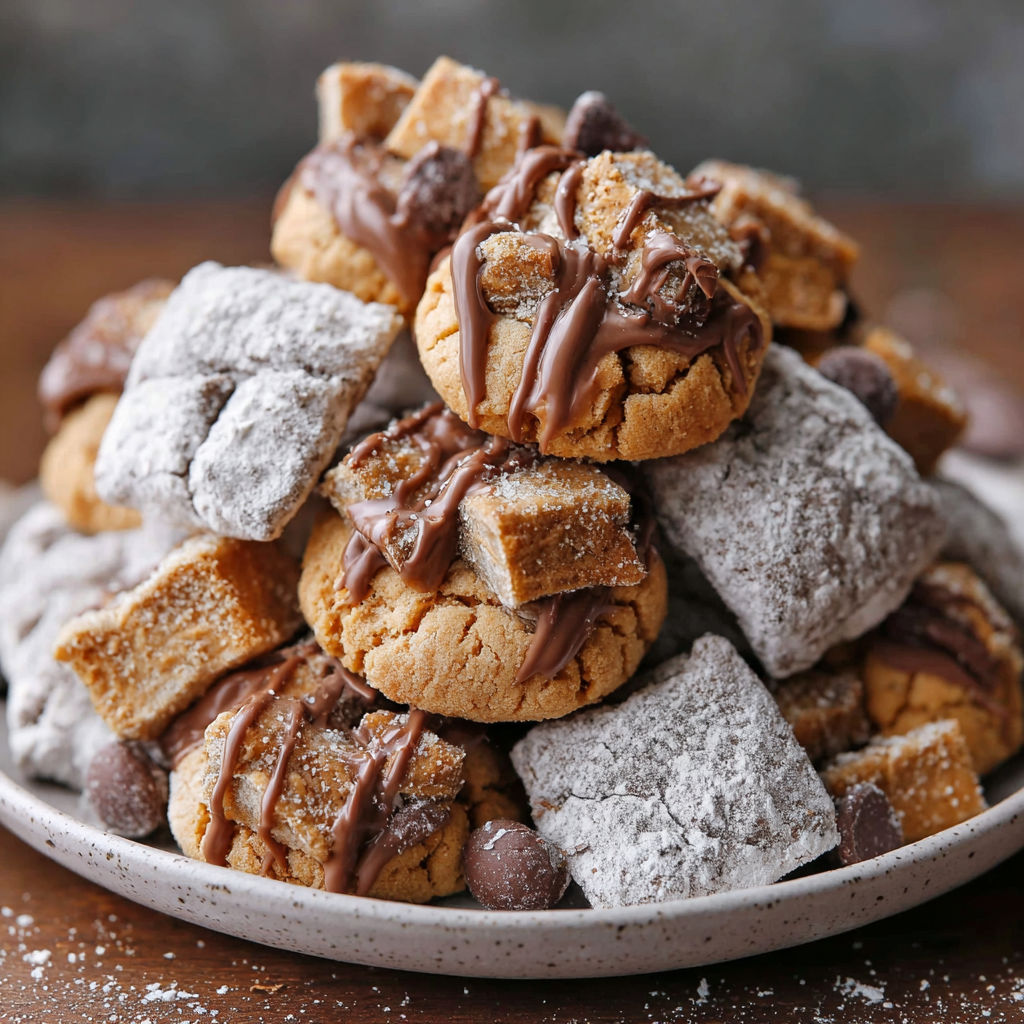 A stack of Peanut Butter Muddy Buddies.