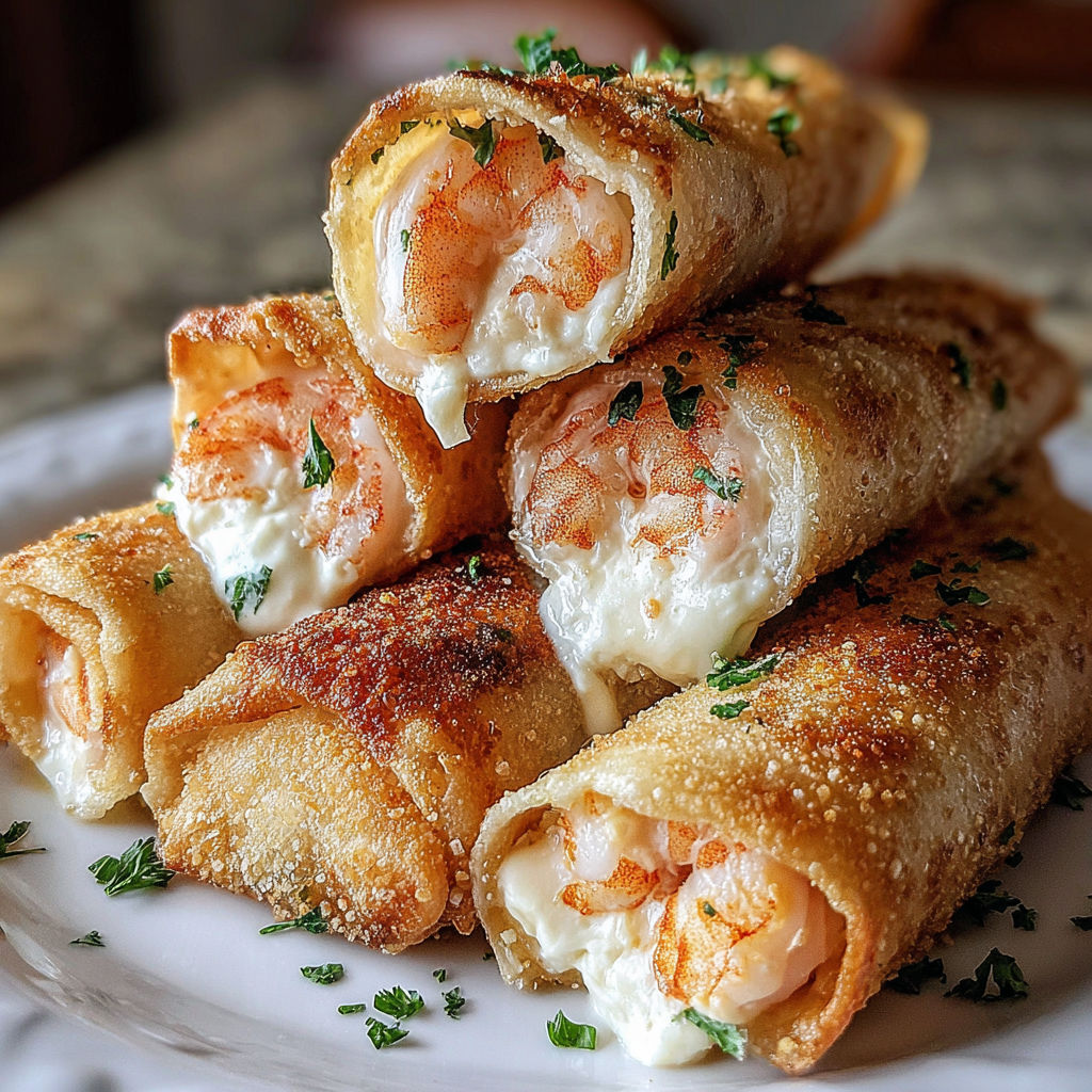 Creamy shrimp cheese rolls on a plate.