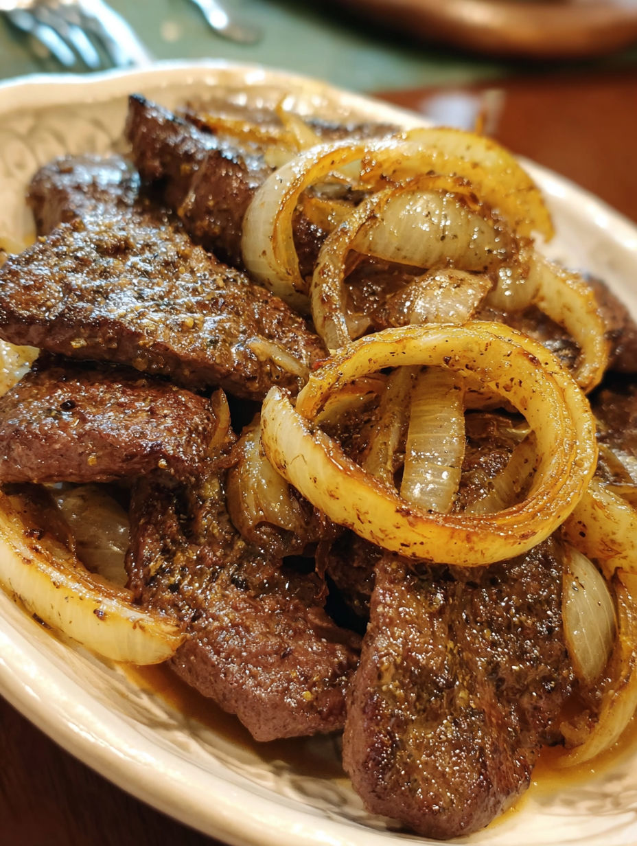 A plate of meat with onions on top.