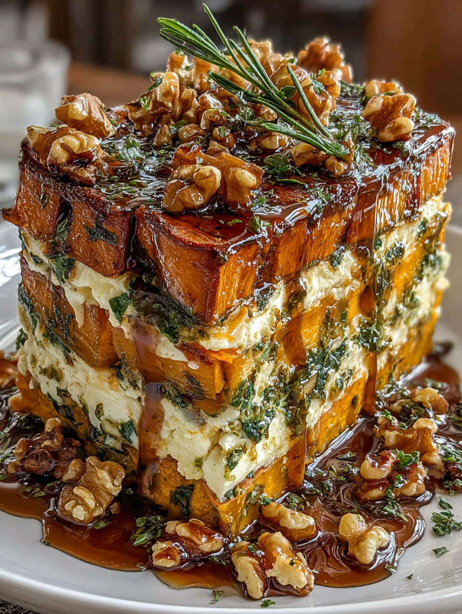A close up of a layered sweet potato lasagna.