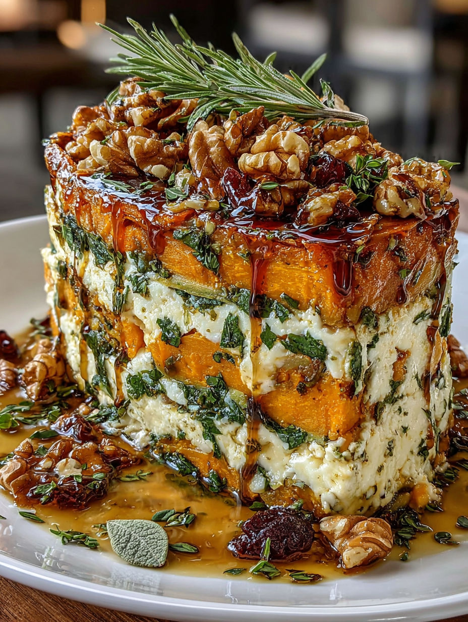 A layered sweet potato lasagna with a drizzle of sauce.
