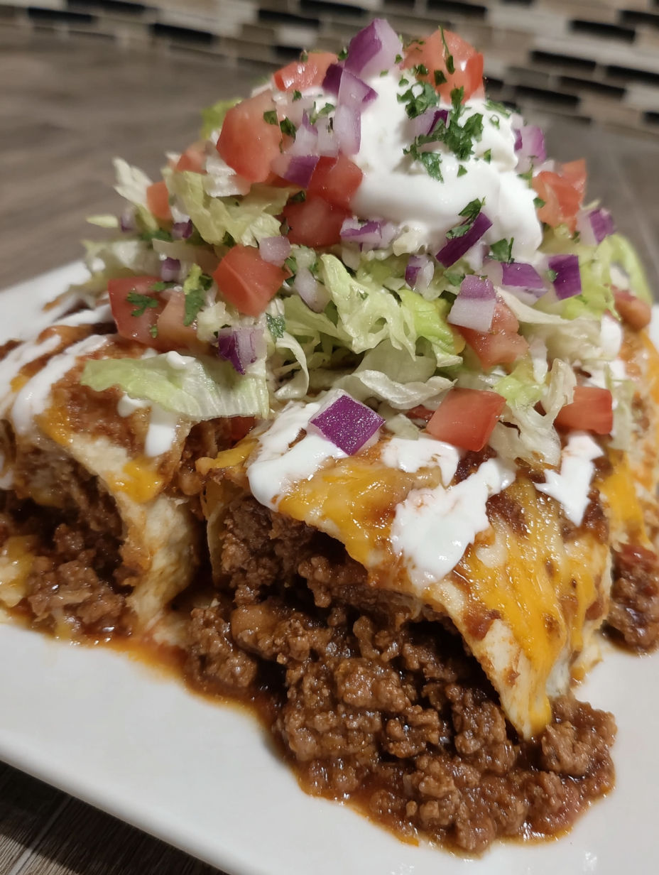 A delicious looking beef enchilada casserole.