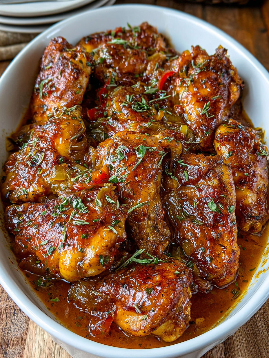 A white bowl filled with smothered turkey wings and gravy.