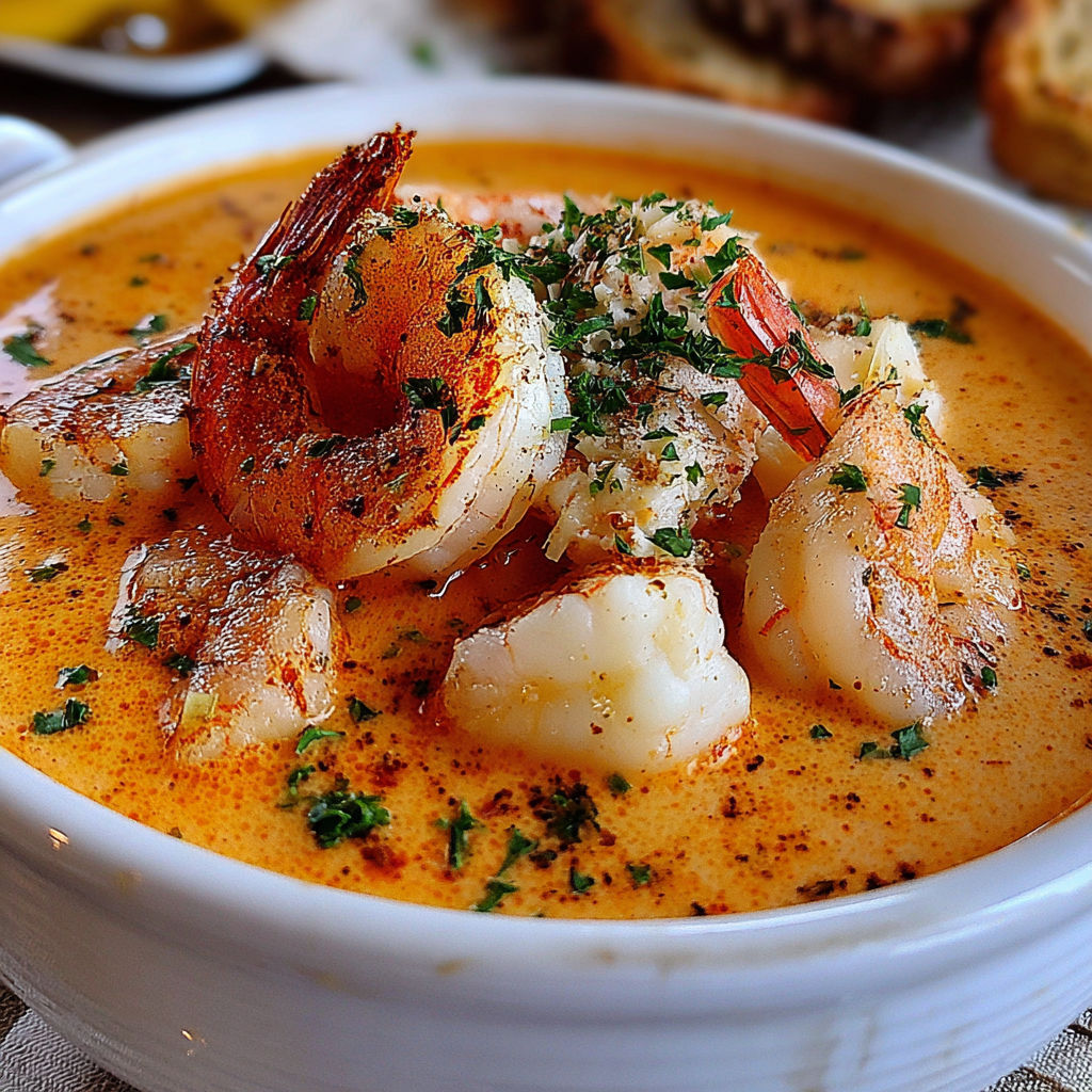 A bowl of seafood bisque with crab.