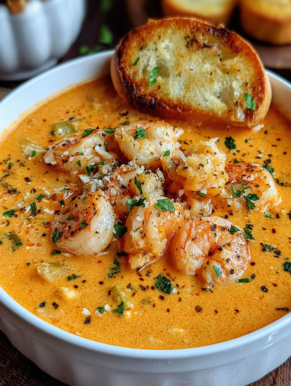 A bowl of seafood bisque with crab.