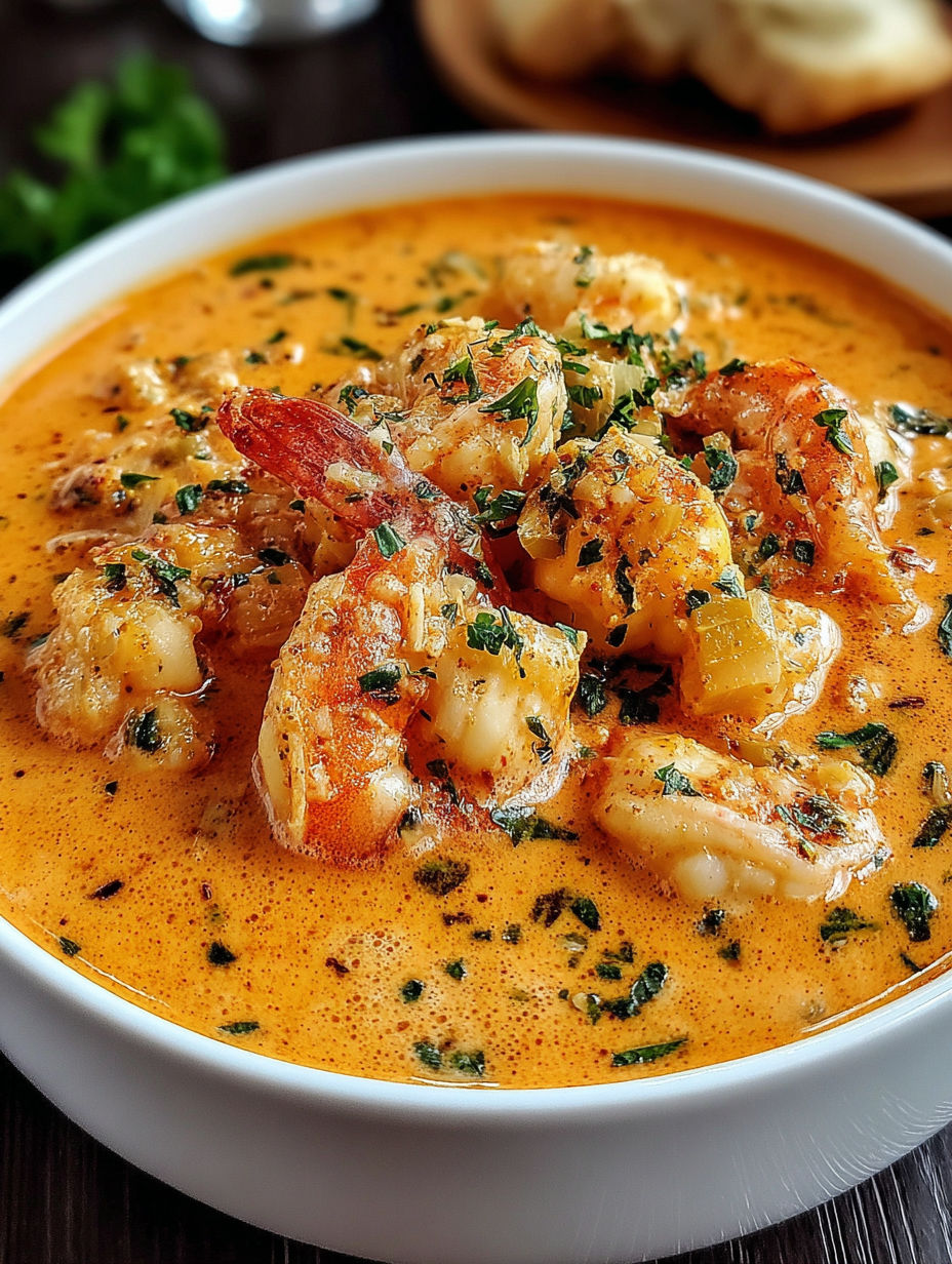 A bowl of seafood bisque with crab.