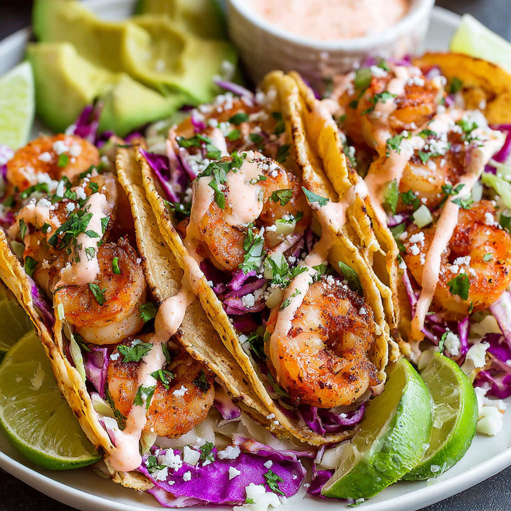 A plate of shrimp tacos with a variety of toppings.