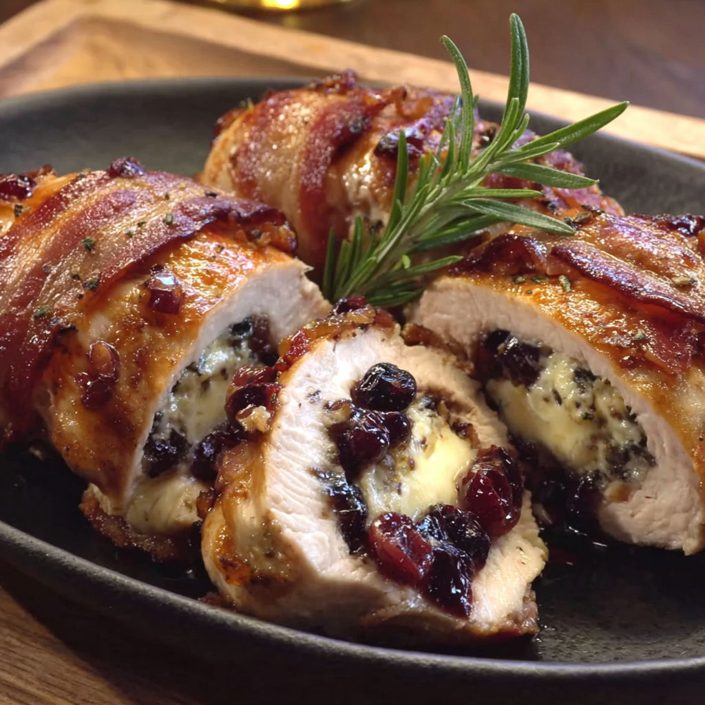 A plate of chicken with bacon and cranberry.