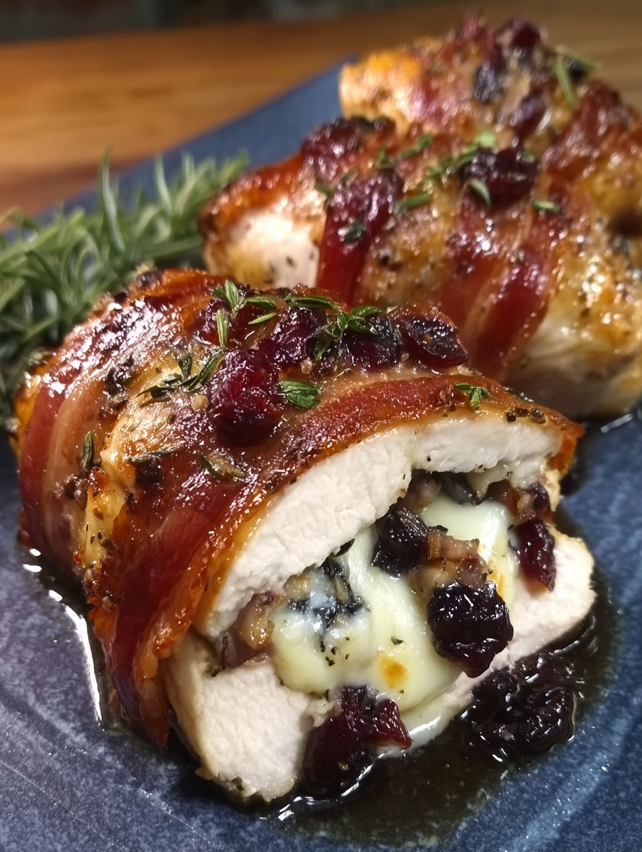 A chicken breast wrapped in bacon and cranberry sauce.