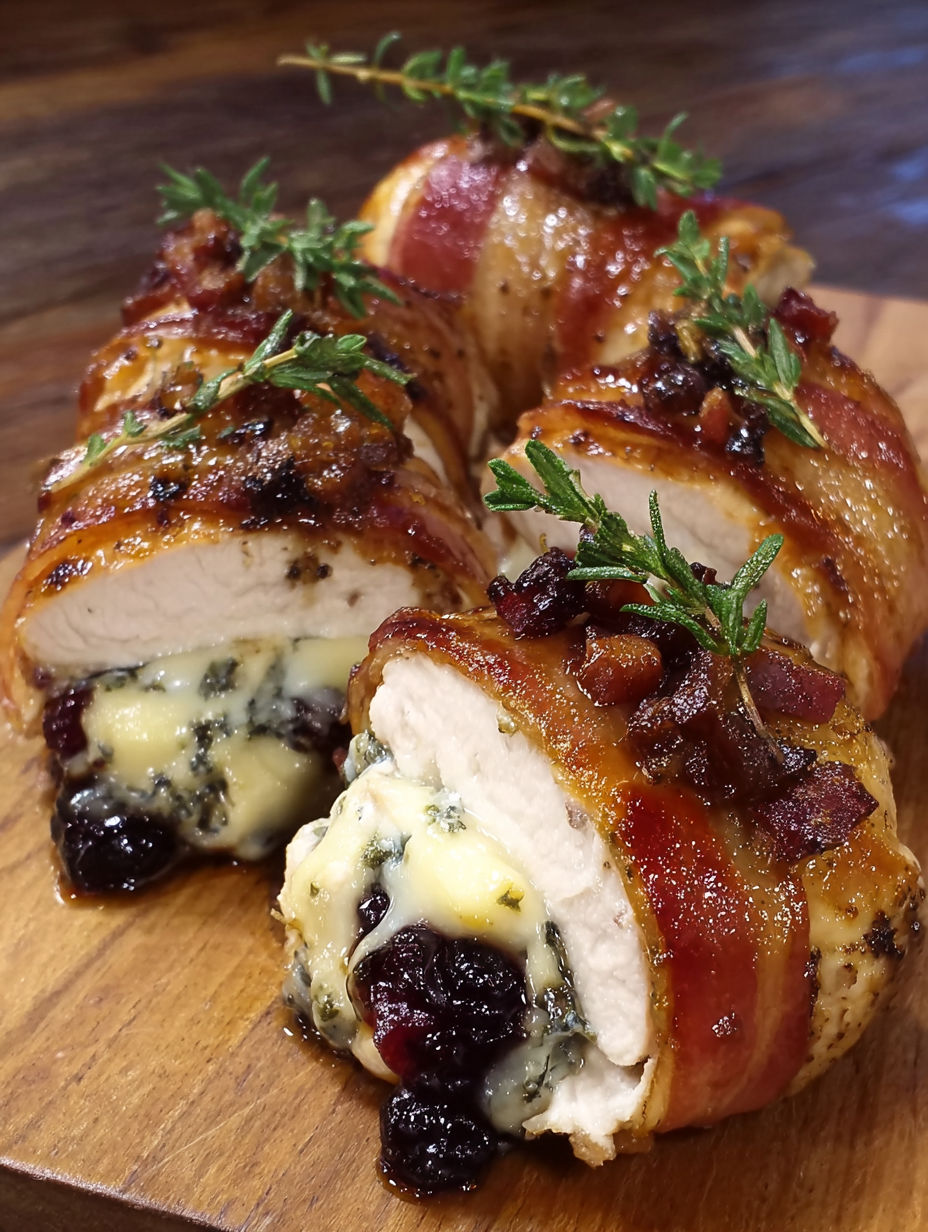 Bacon wrapped chicken with cranberry and brie cheese.