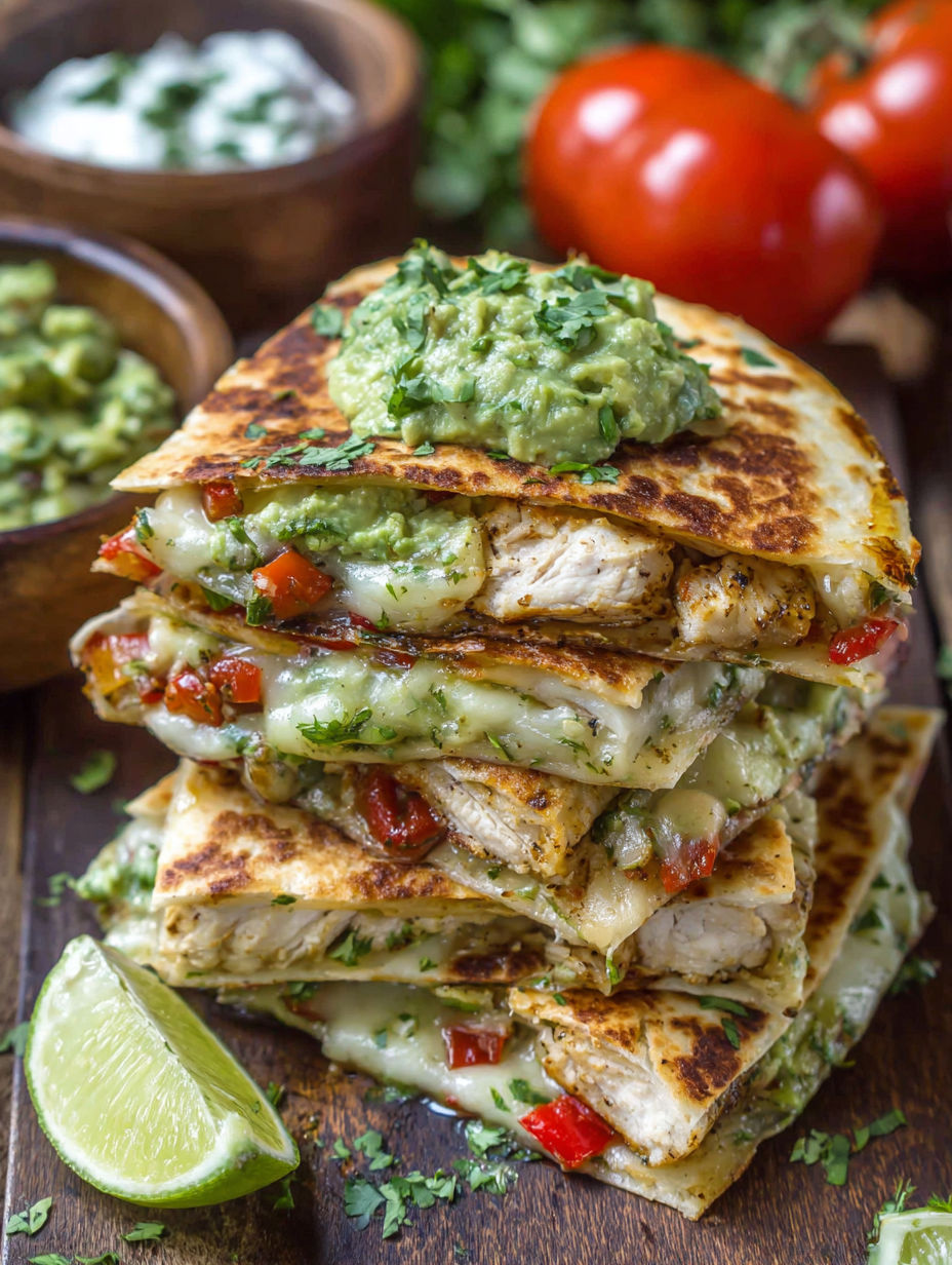 A stack of chicken avocado quesadillas.