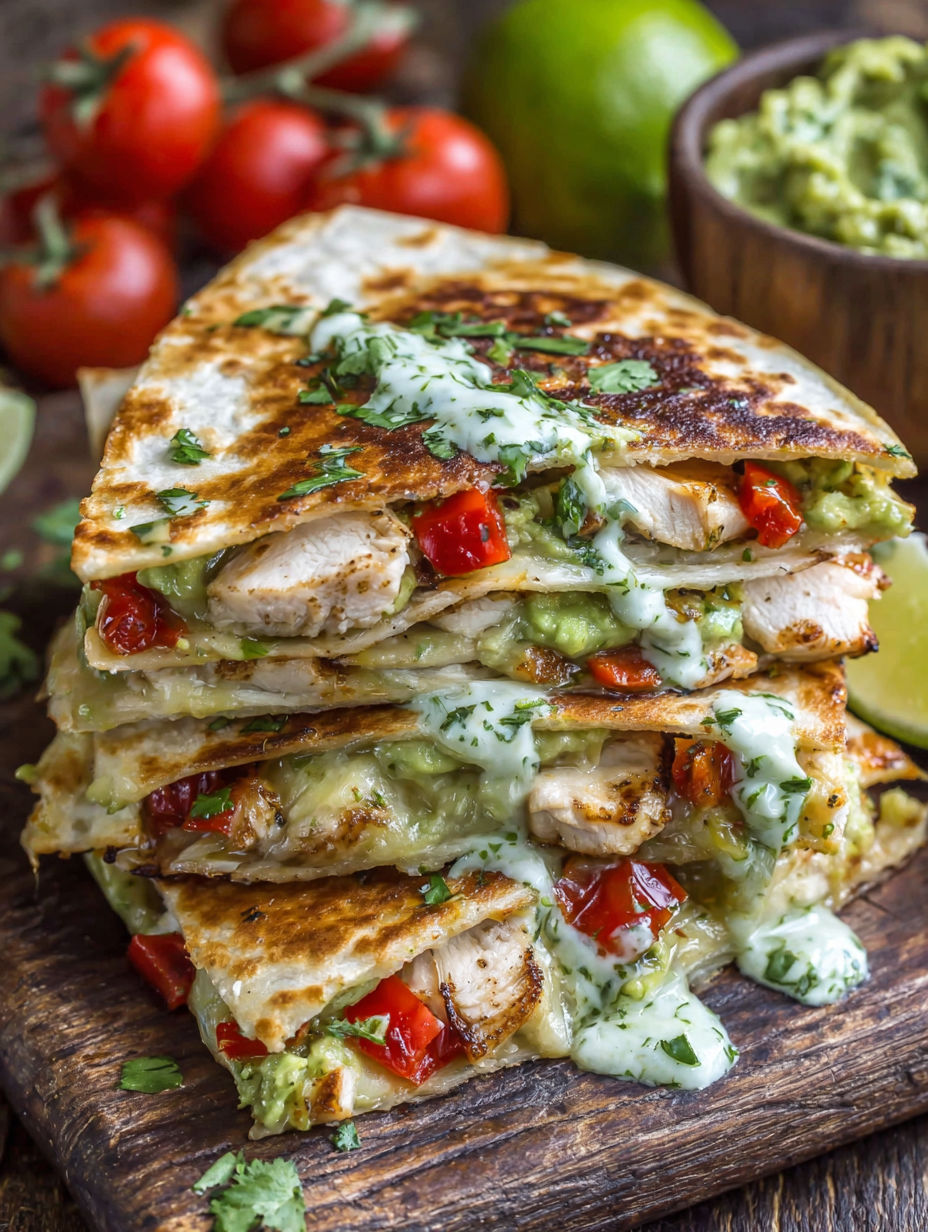 A stack of chicken avocado quesadillas.