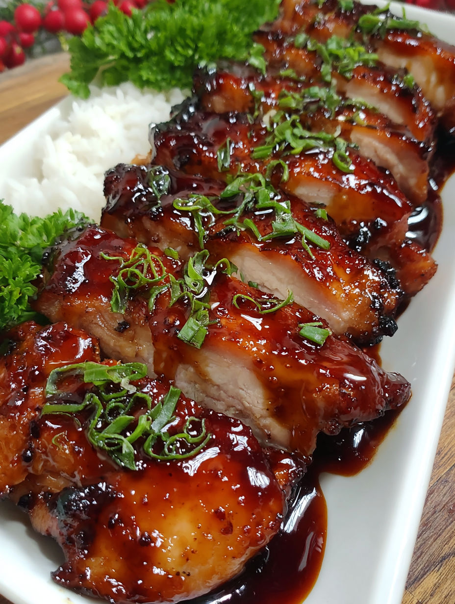 A plate of glazed char siu chicken.