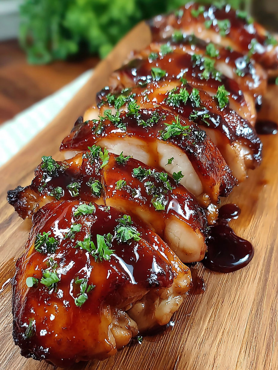 A glazed char siu chicken on a wooden cutting board.