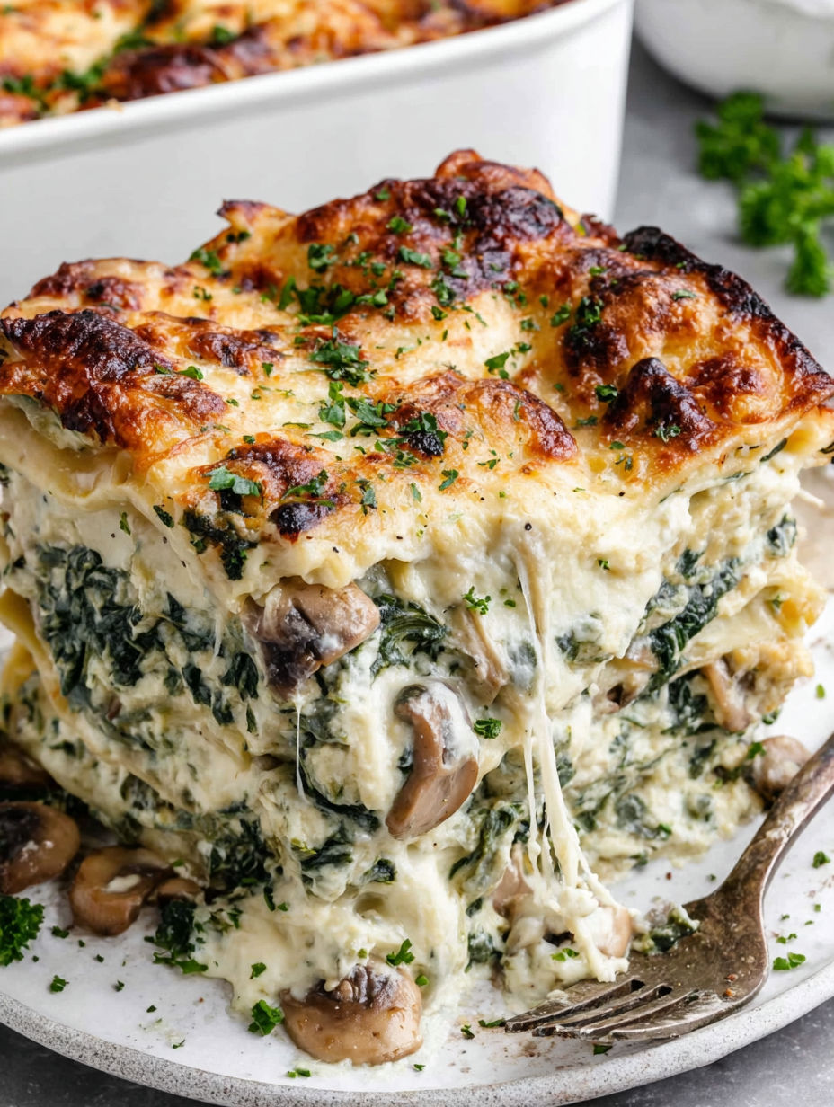 A spinach and mushroom lasagna on a plate.