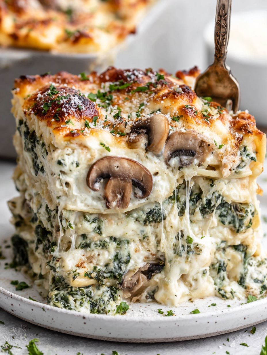 A large spinach and mushroom lasagna.