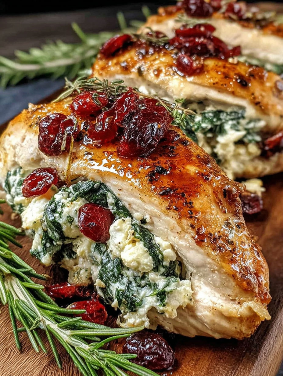 A piece of chicken with cranberry sauce and spinach.