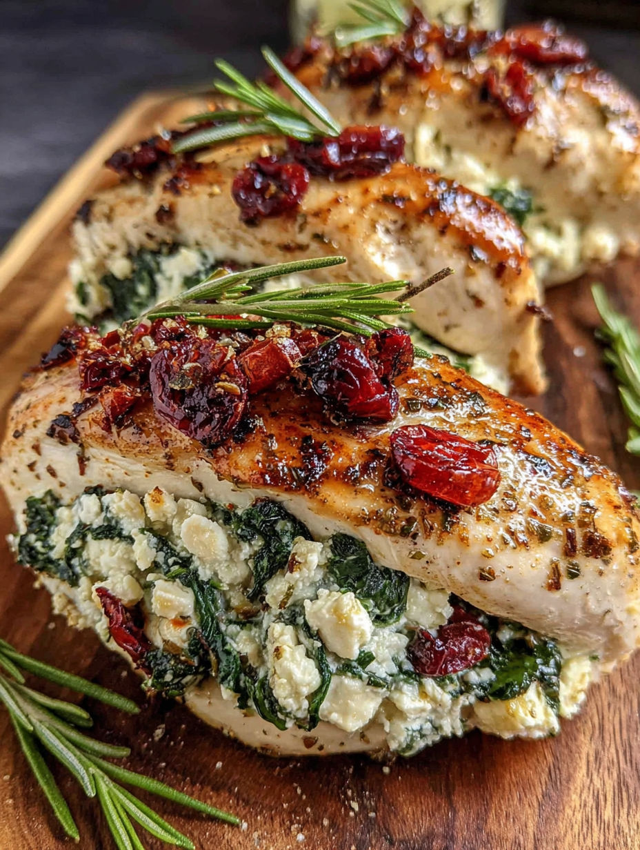 A piece of chicken with spinach and cranberries on top.