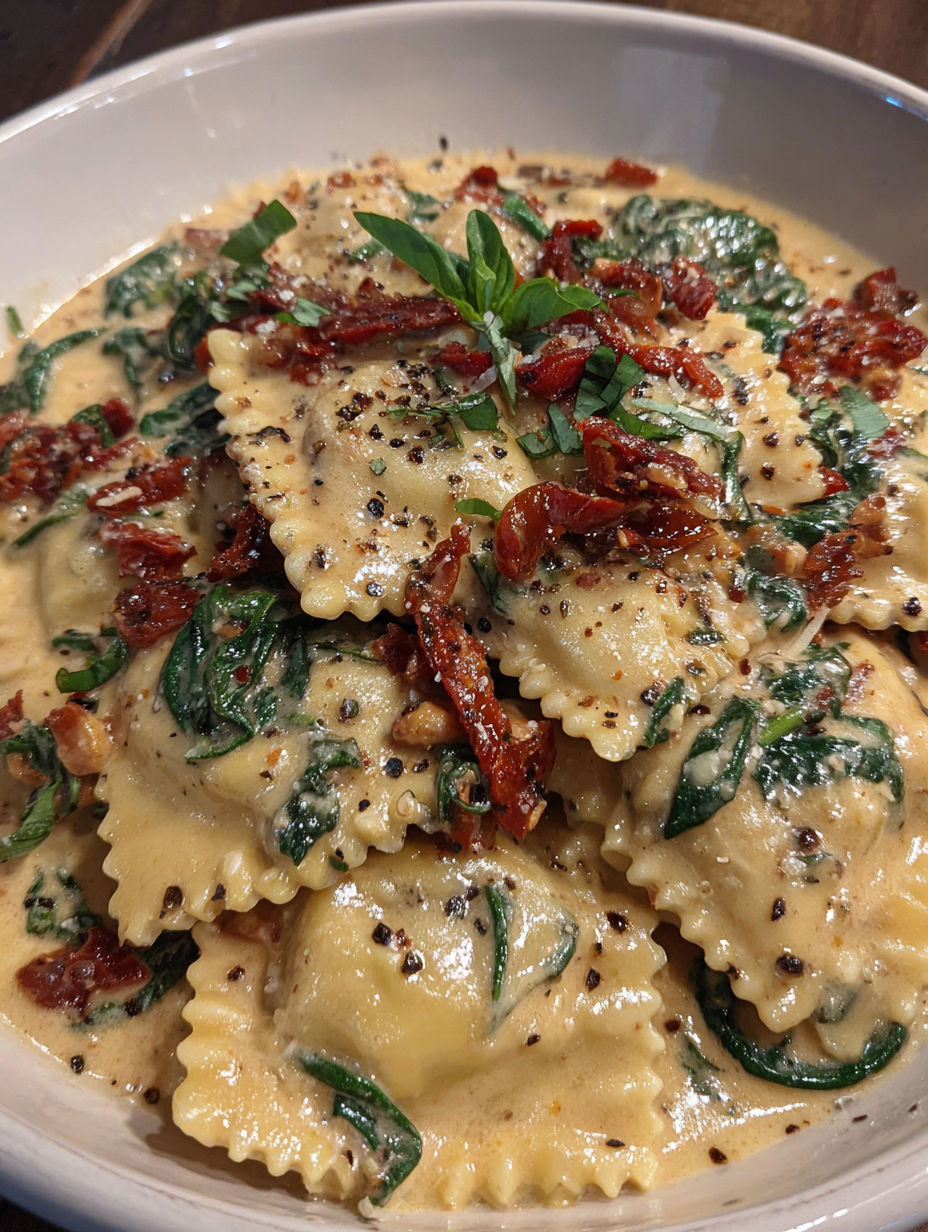 A bowl of creamy Tuscan cheese ravioli.