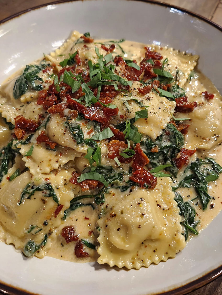 A plate of pasta with cheese and bacon.