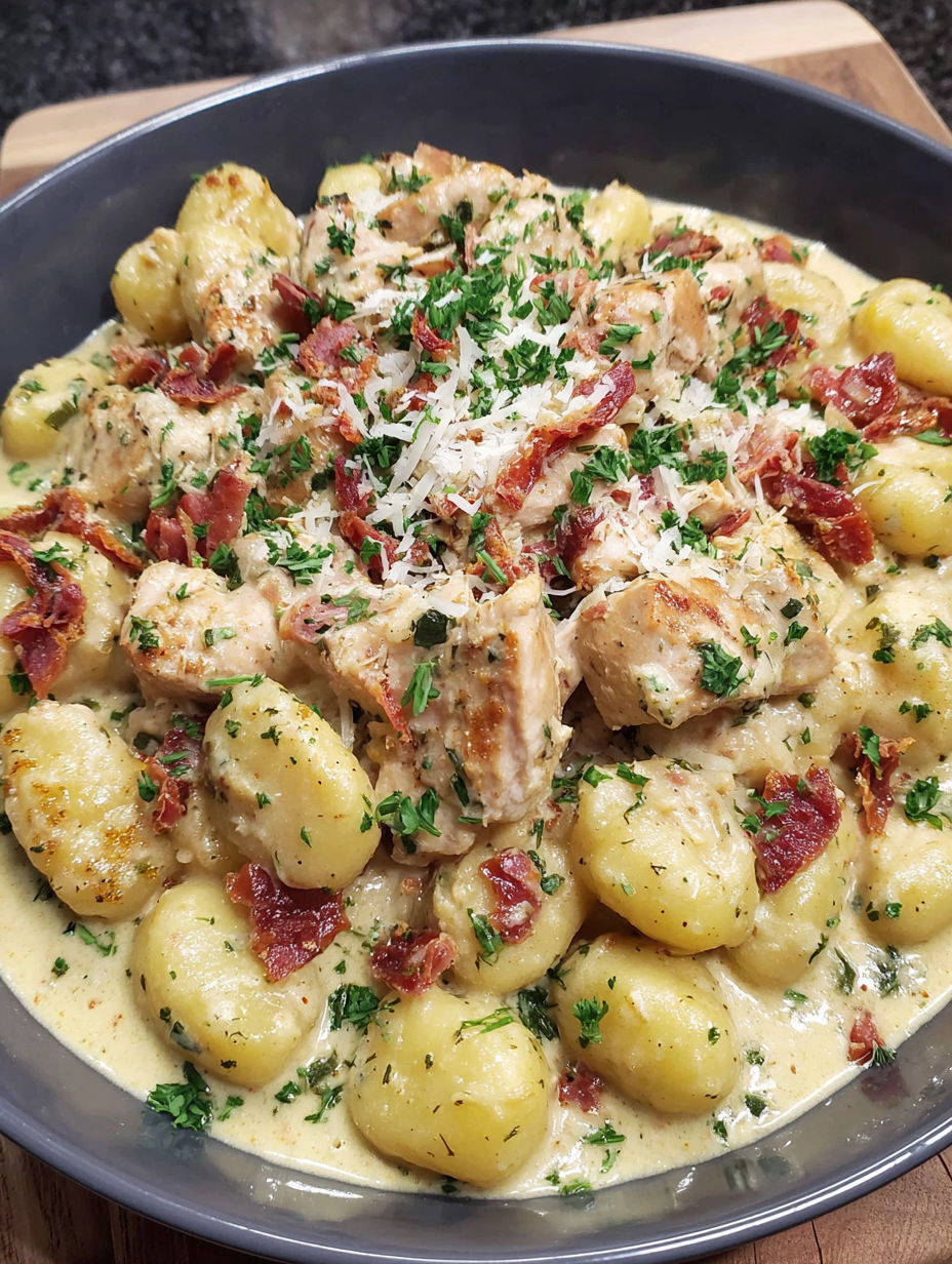 A bowl of creamy chicken gnocchi skillet.