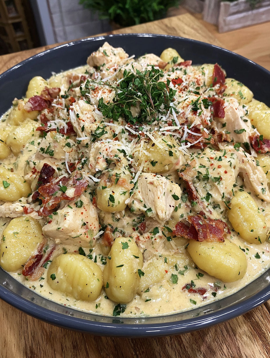 A bowl of creamy chicken gnocchi skillet.
