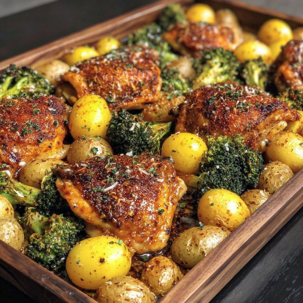 A dish of chicken and potatoes with broccoli on top.