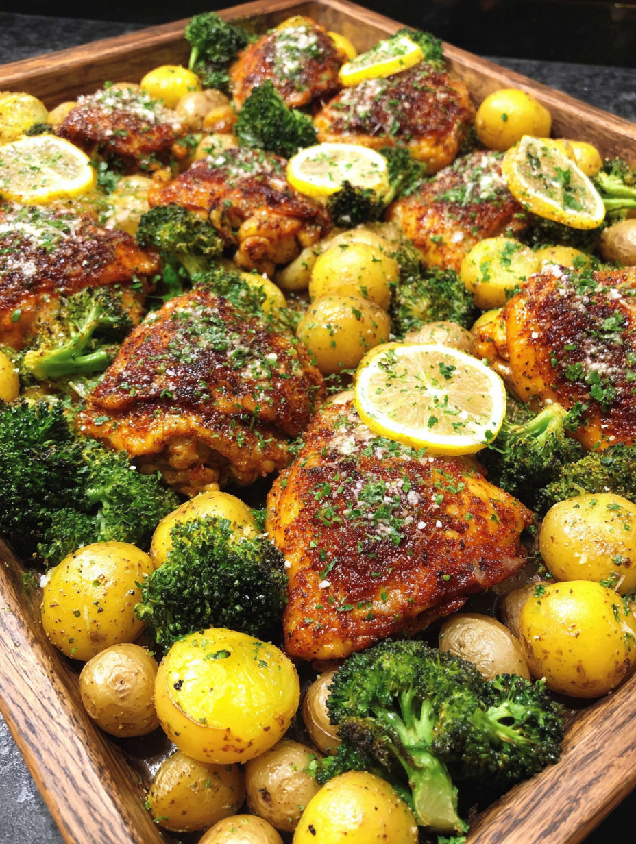 A dish of chicken and potatoes with lemon wedges on top.