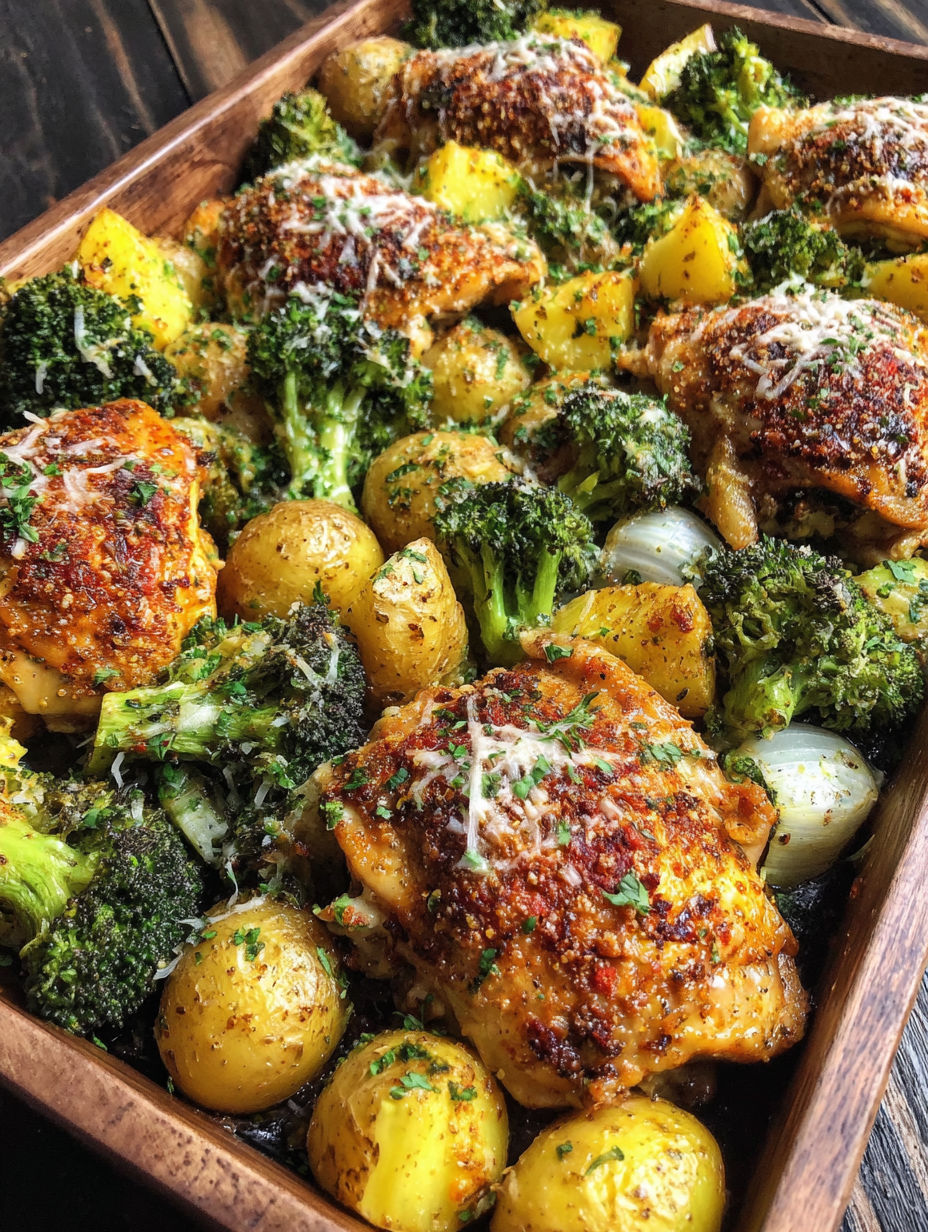 A dish of chicken with potatoes and broccoli.