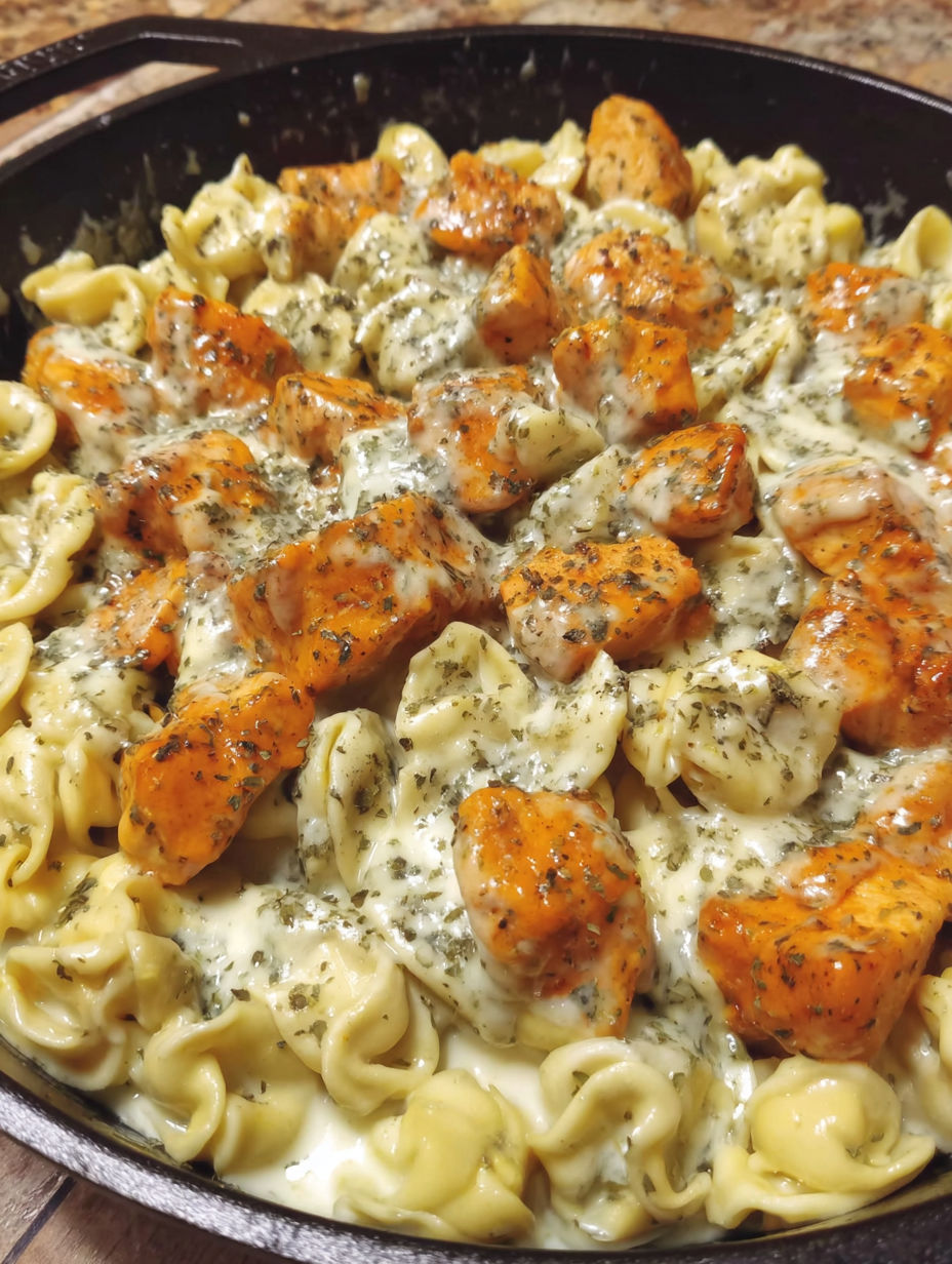 A dish of pasta with chicken and cheese.
