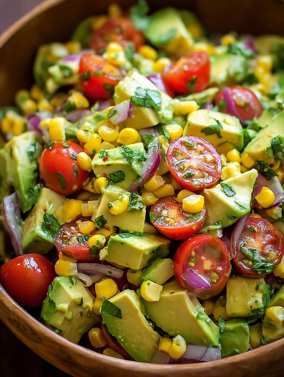 A bowl of avocado, tomato, and corn salad.