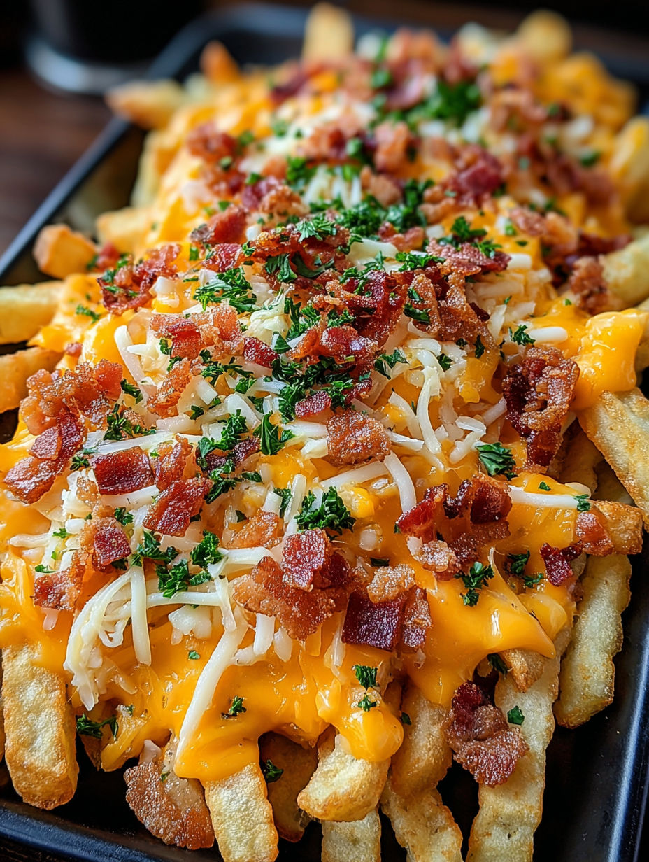 A plate of bacon cheese fries.