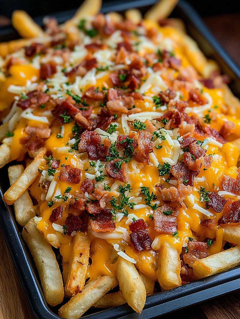 A loaded bacon cheese fries dish.