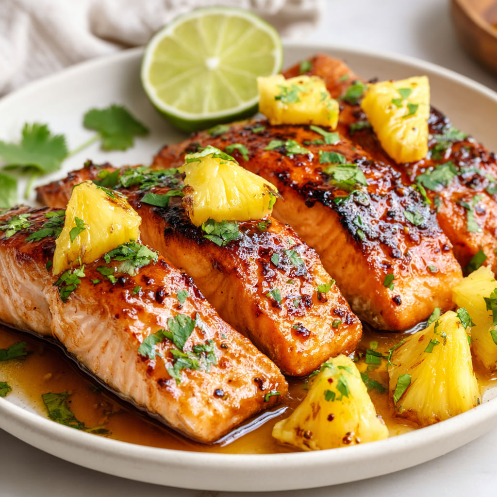 A plate of salmon with pineapple and lime.