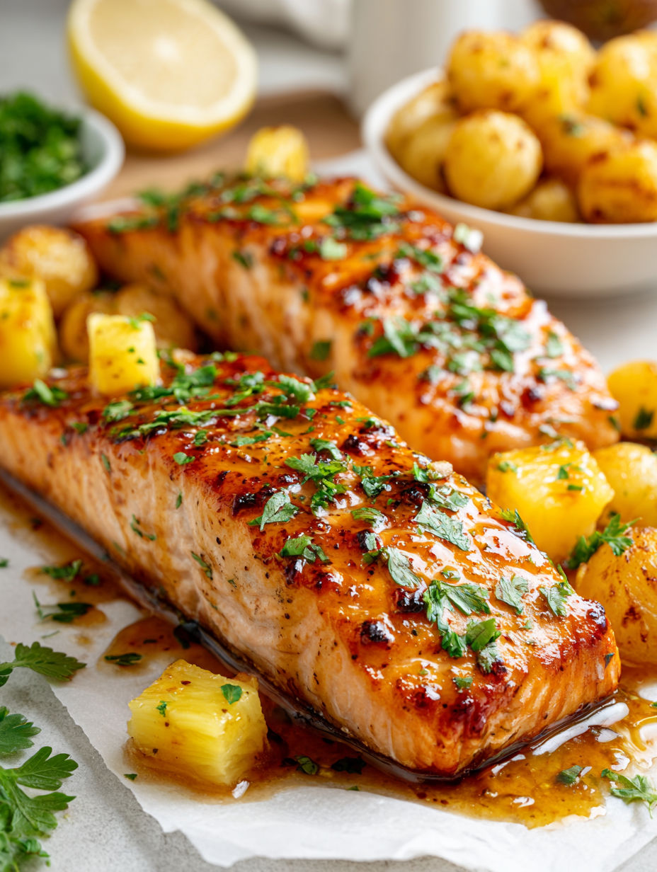 A delicious honey pineapple salmon dish.