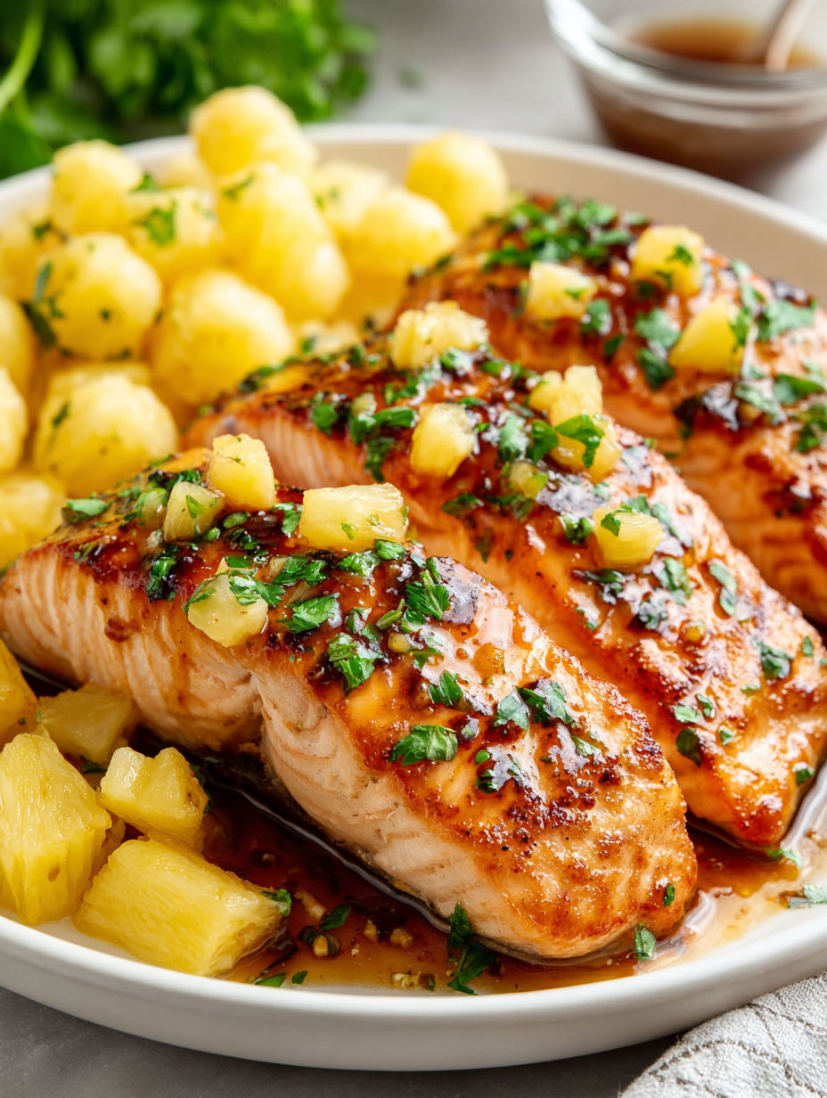 A plate of food with salmon and pineapple.
