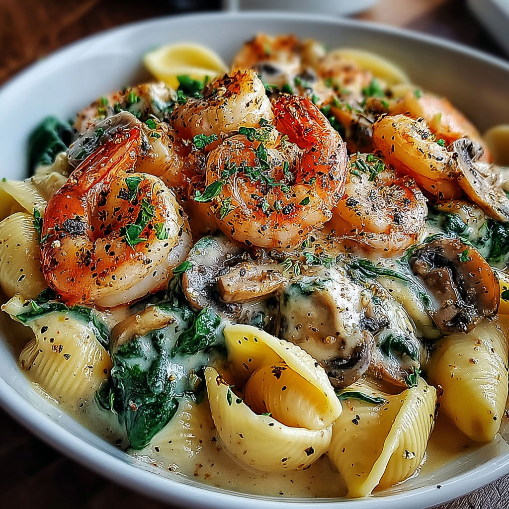 A bowl of creamy spinach mushroom shrimp.