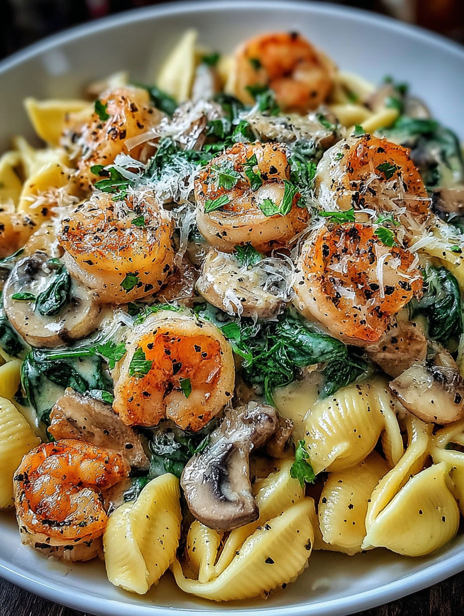 A plate of pasta with shrimp and mushrooms.