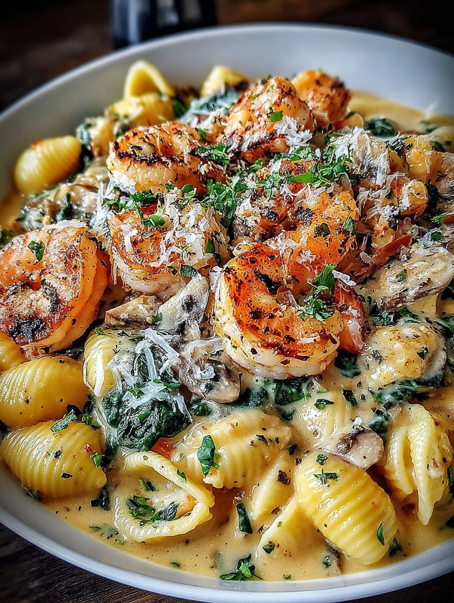 A bowl of pasta with shrimp and greens.