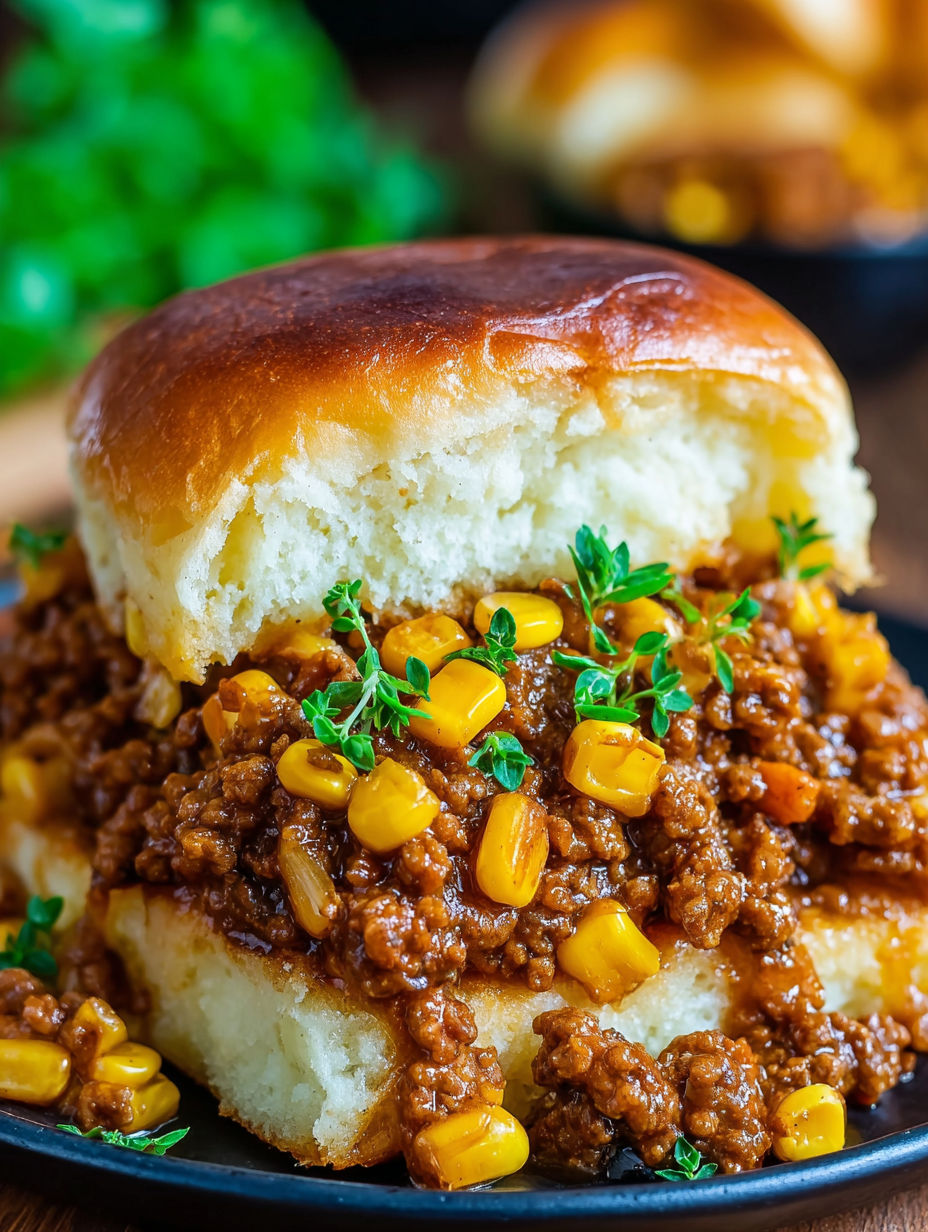 A close up of a sloppy joe sandwich.
